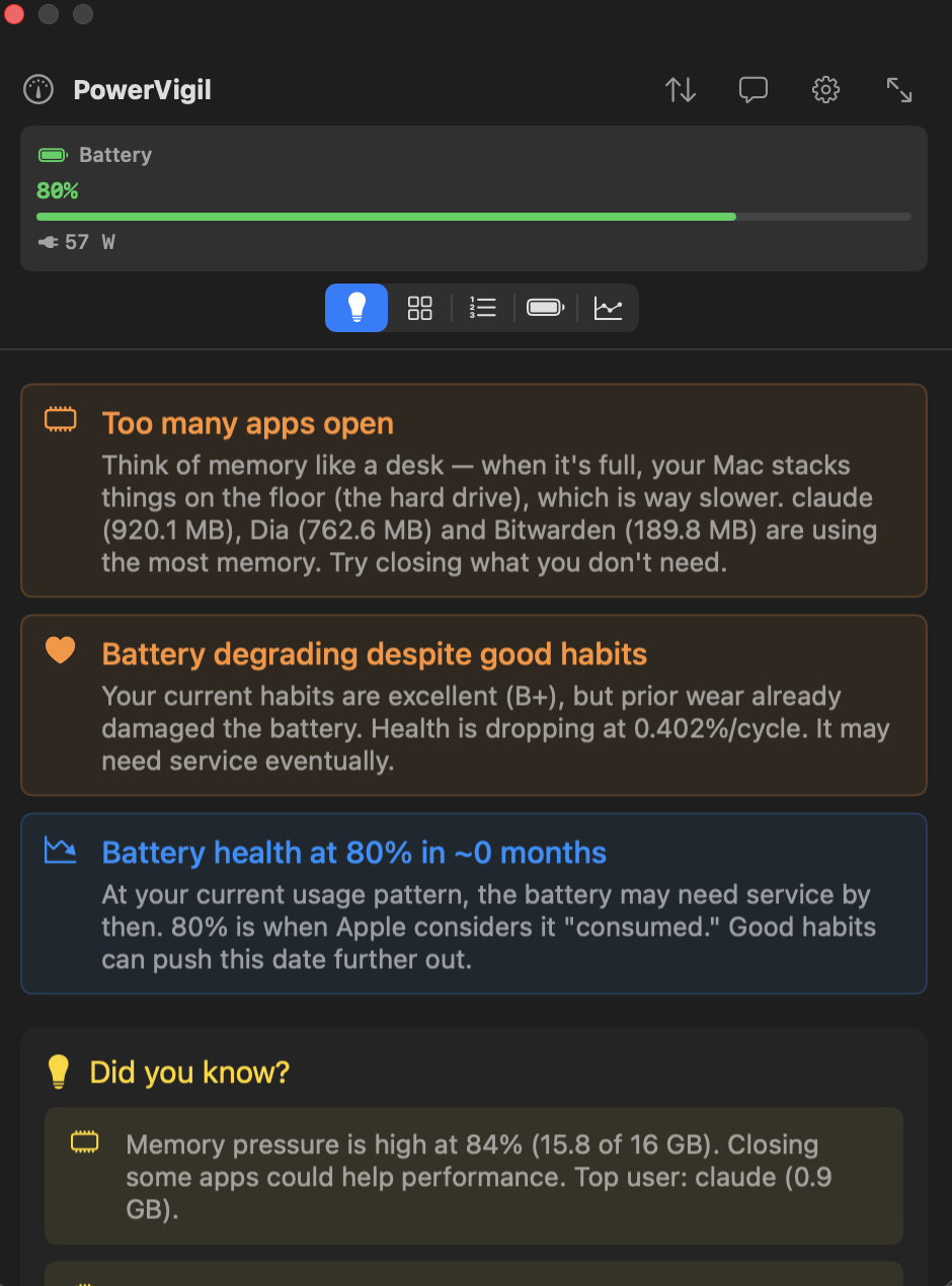 PowerVigil AI insights showing personalized tips about memory usage, battery degradation and health predictions
